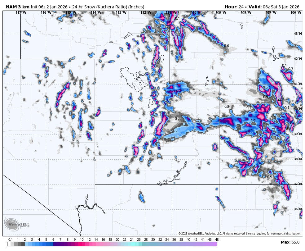 Map showing snow accumulation in inches across parts of the Pacific Northwest, Idaho, and Montana on January 3, 2026. Areas with the most snow are marked in pink and purple, with some regions showing up to 65 inches of snow.