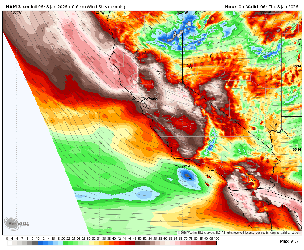 Weather map showing wind shear in knots across California and surrounding areas, with color-coded intensity levels, including areas of strong wind shear in red and orange, and lighter levels in green and blue.