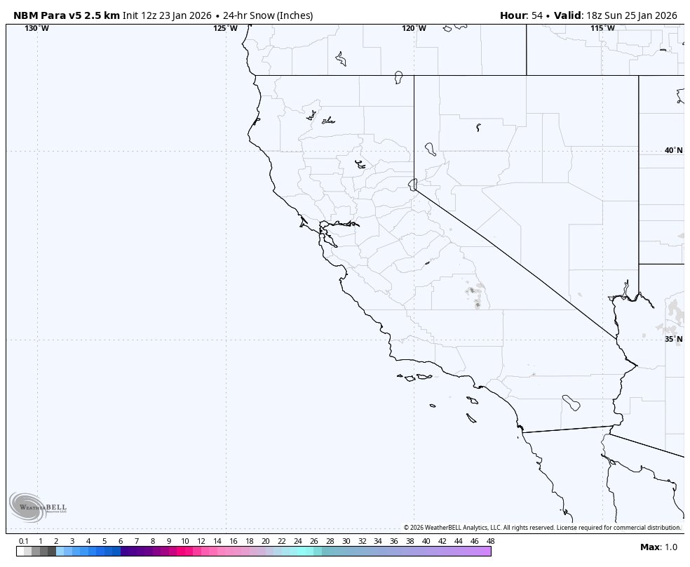 Map of California showing 24-hour snow accumulation in inches, with mostly clear areas and some mountain regions.