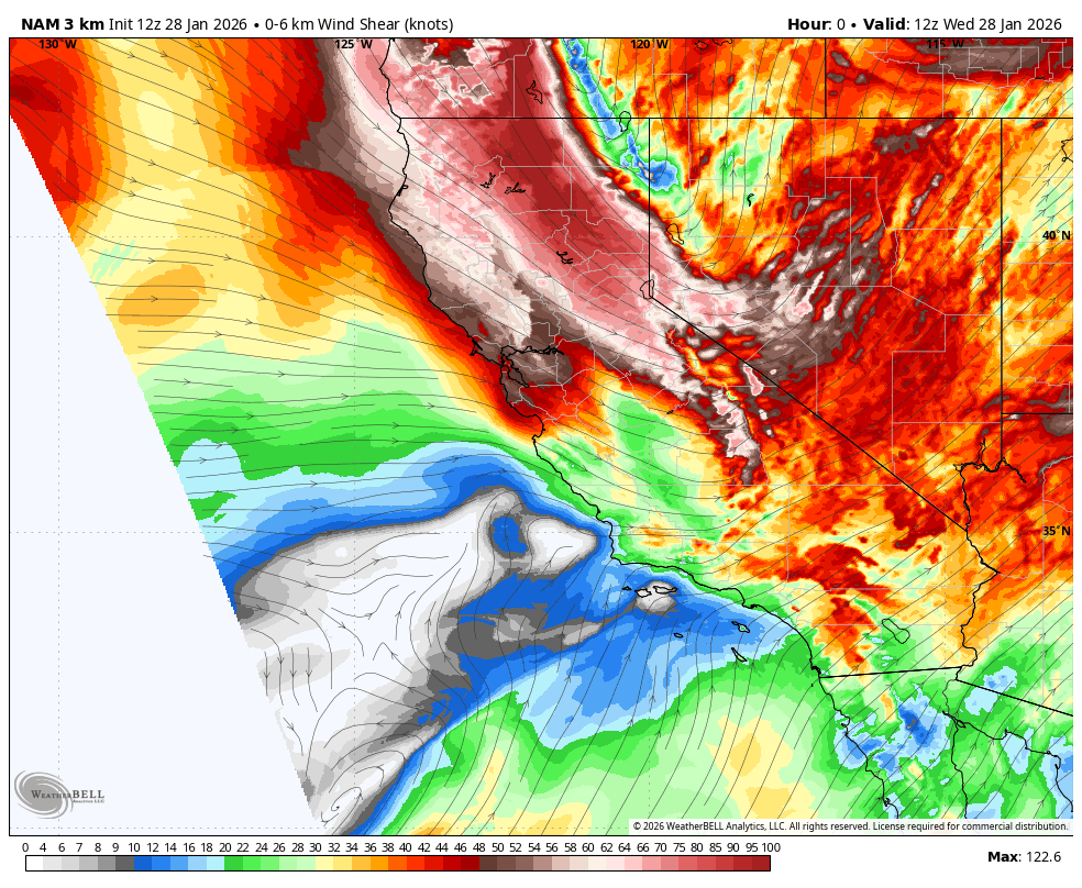 Weather map showing wind shear in knots across parts of Mexico and the southwestern United States on January 28, 2026, with strong wind shear indicated by red and orange colors.