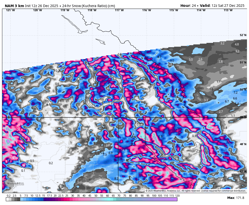 A weather map showing 24-hour snowfall in centimeters, with areas of varying snow accumulation marked in colors ranging from gray to dark blue, pink, and purple. The map covers parts of the western United States, including California, Nevada, Oregon, and surrounding states, with time and date stamps indicating December 26, 2025, and a 24-hour period ending on December 27, 2025.