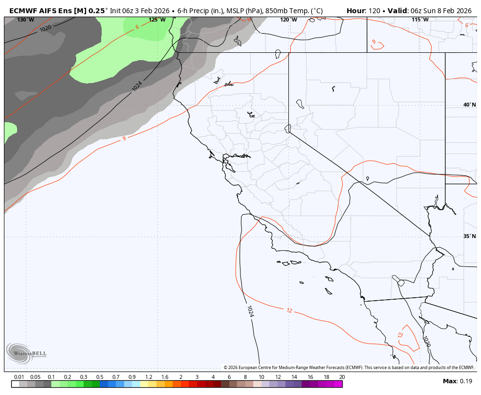 Weather map showing precipitation and atmospheric pressure over the western United States, with areas of rain in the northwest, and calm weather in the southeastern US, with weather pattern lines and isobars.