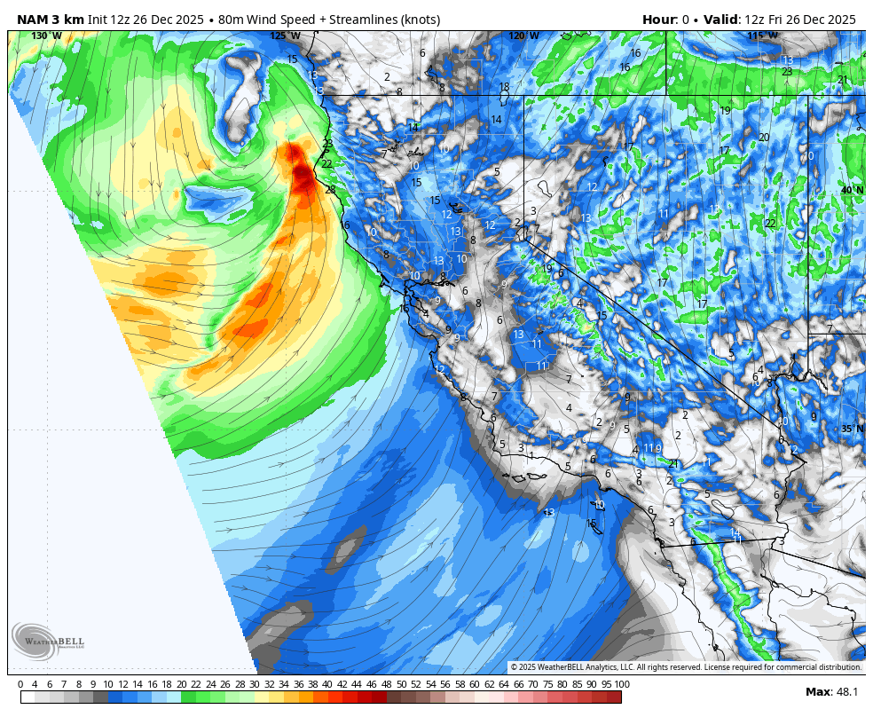 A weather map showing wind streamlines and wind speed in knots over the western United States and the Pacific Ocean on December 26, 2025. A large storm system with intense wind speeds, indicated by red and orange colors, is located off the coast of California. The map includes California, Nevada, Arizona, Utah, Colorado, and parts of Mexico, with wind flow patterns and streamlines depicting the storm's movement and intensity.