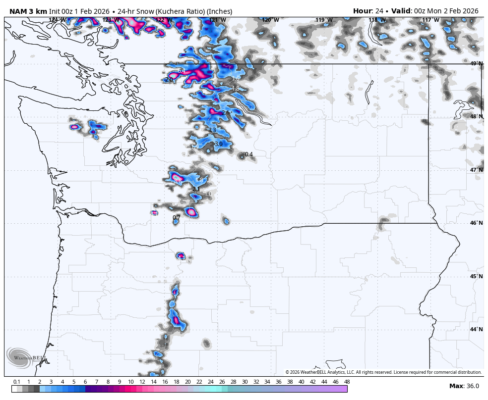 Weather map showing snowfall amounts in inches across parts of the northern United States and southern Canada, with areas of higher snowfall indicated by pink and purple colors, and lower amounts in blue and gray. The map is valid for February 2, 2026.