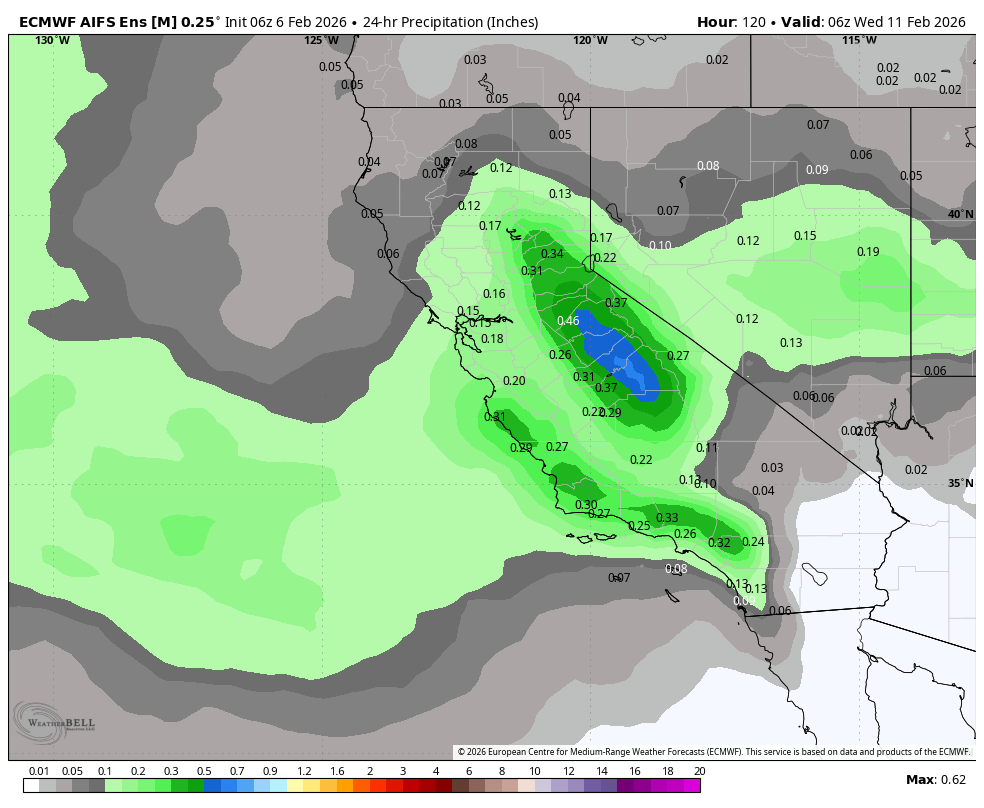 Weather forecast map showing 24-hour precipitation in inches over parts of Mexico, Central America, and southern United States, with the highest rain accumulation in southern Mexico and Guatemala, reaching up to 0.37 inches.