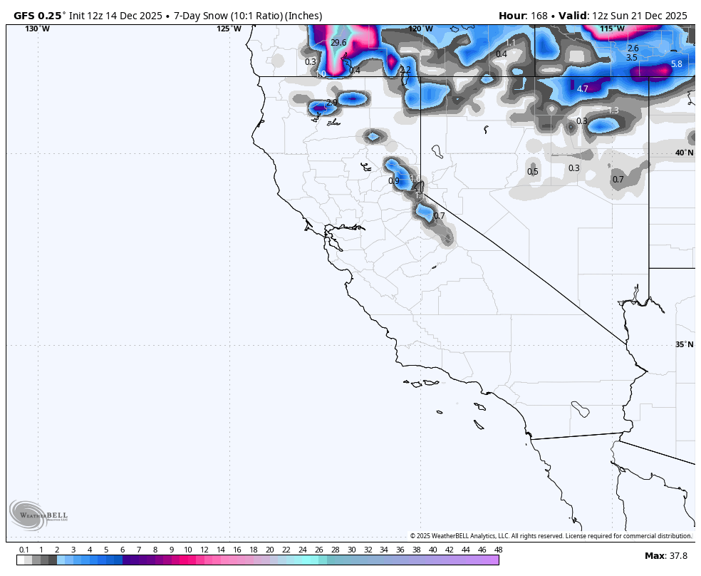 Weather map showing 7-day snowfall projections in inches across the western United States, with the heaviest snowfall in northern Montana, parts of Idaho, and Washington state.