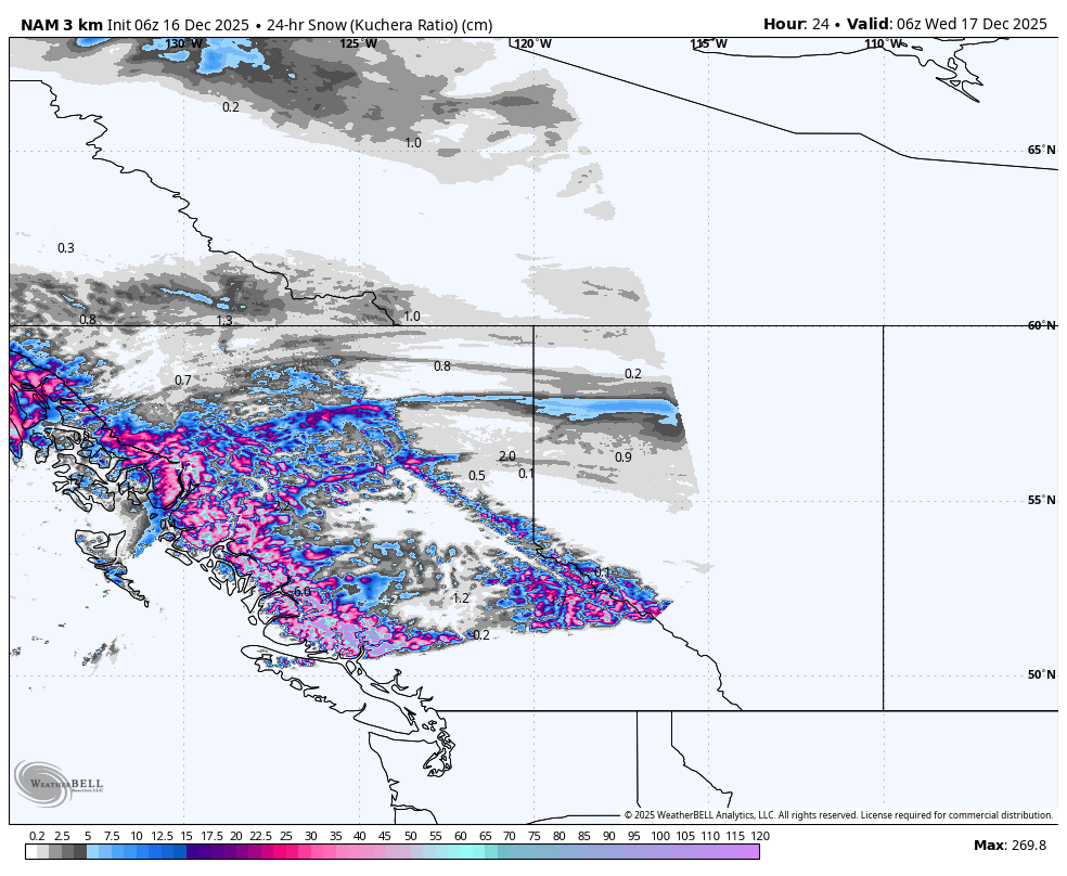 Map showing 24-hour snow accumulation in centimeters across Alaska, with color gradations indicating various snowfall levels, valid for December 17, 2025.