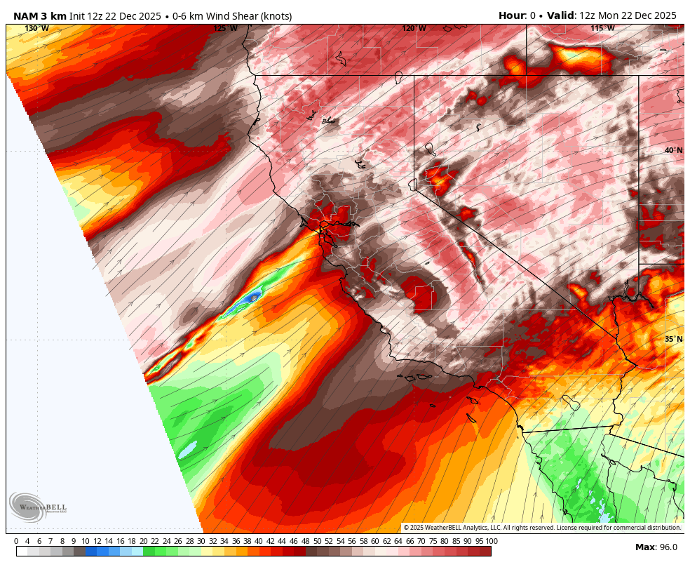 Weather map showing wind shear (knots) over California, Nevada, and surrounding states, with color-coded wind shear intensities and cloud cover. The map indicates high wind shear areas in reds and oranges, and cloud patterns suggest storm activity.