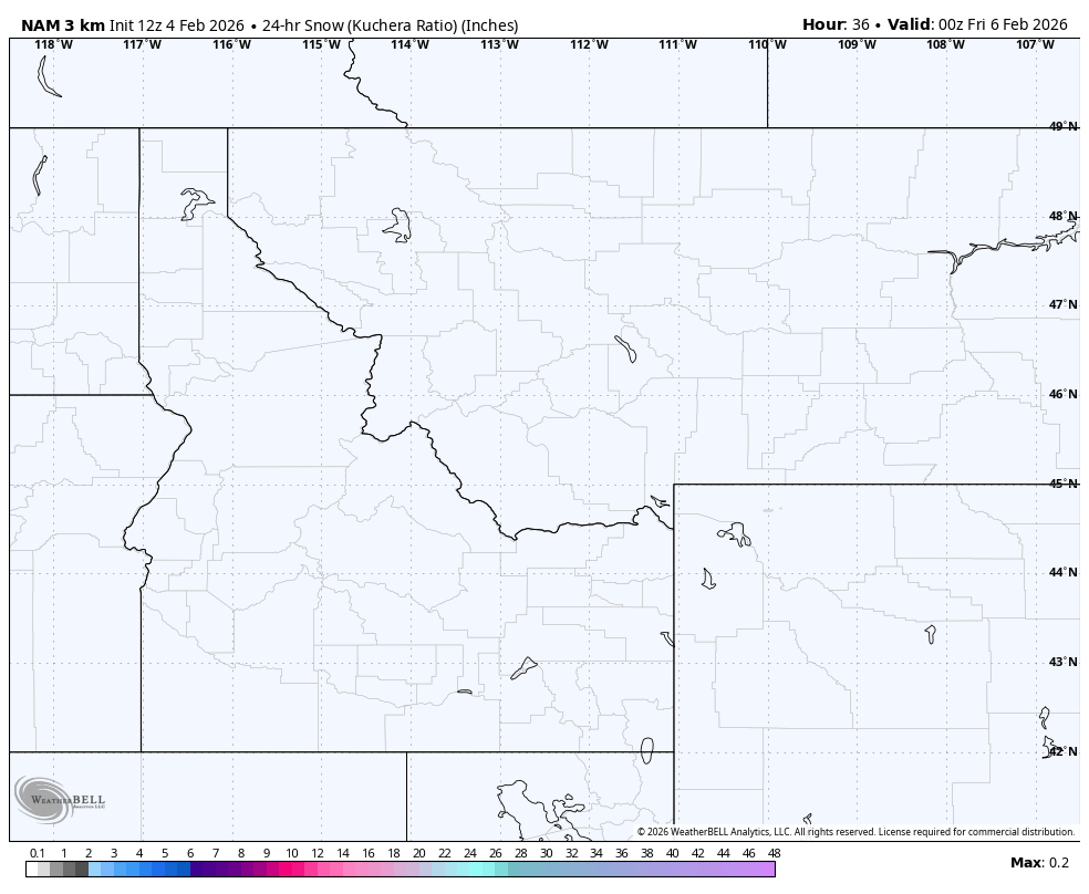 Map showing snow accumulation in inches over a region of northern California and surrounding areas, with no significant snow reported.