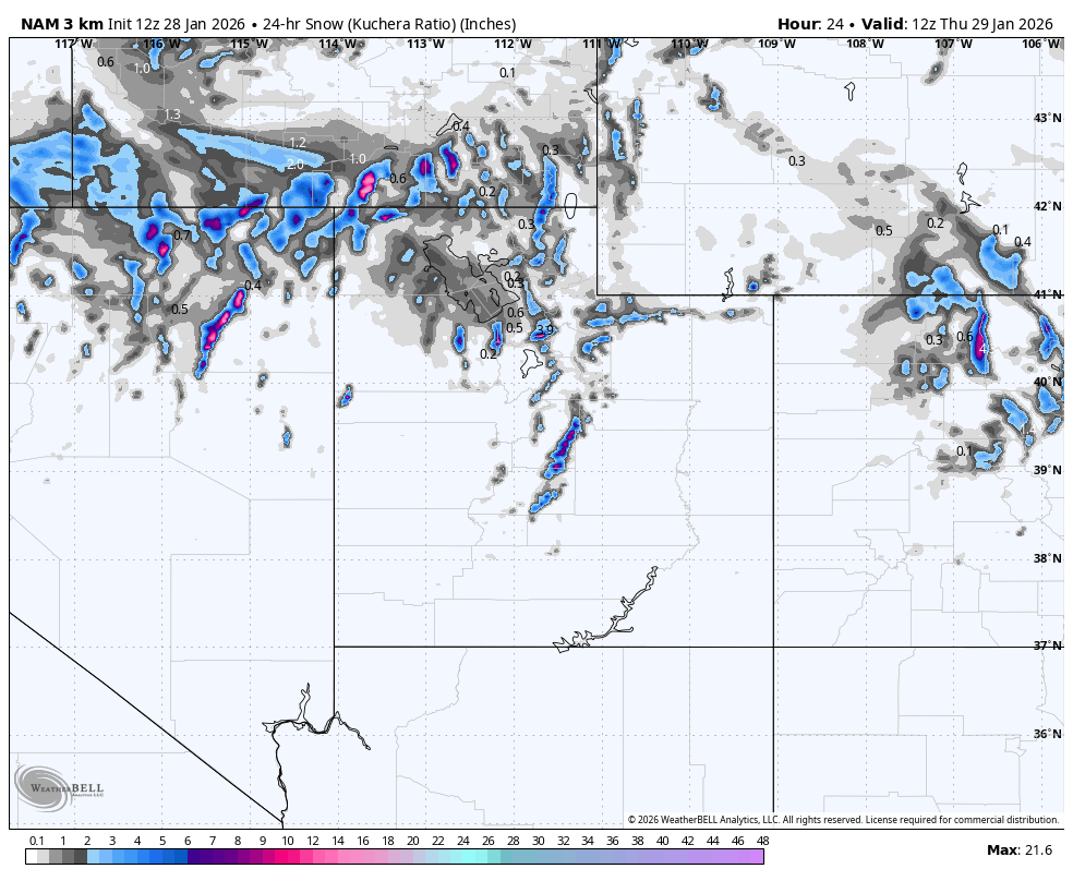 Weather radar map showing snow in parts of southern California, Nevada, and Arizona, with areas of precipitation in the northeastern US, including New York and Massachusetts, on January 29, 2026.
