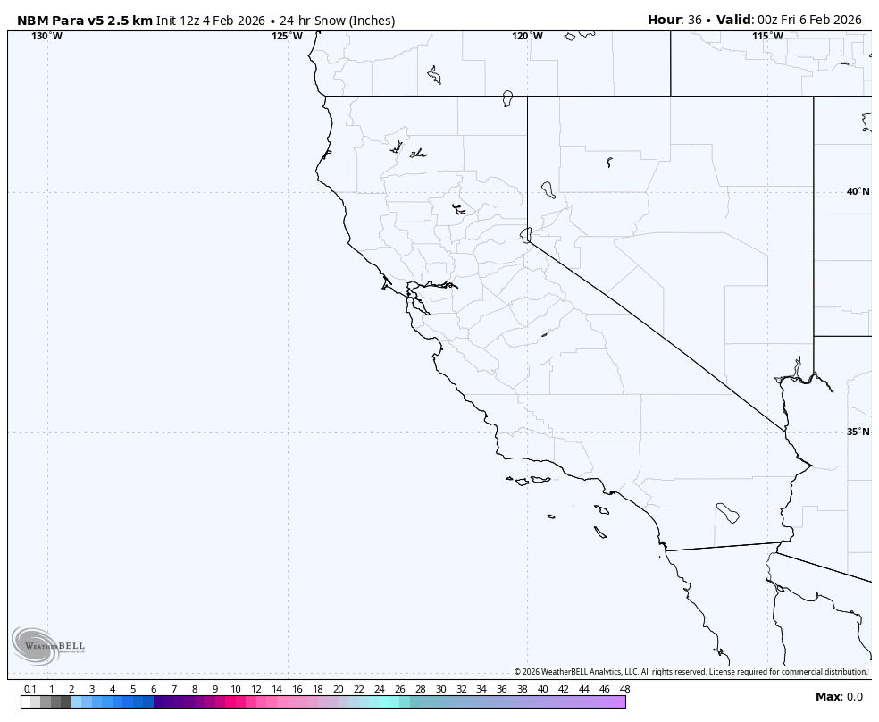 Map showing NOAA weather forecast for snow accumulation across parts of California and Nevada, with no snow accumulation predicted.