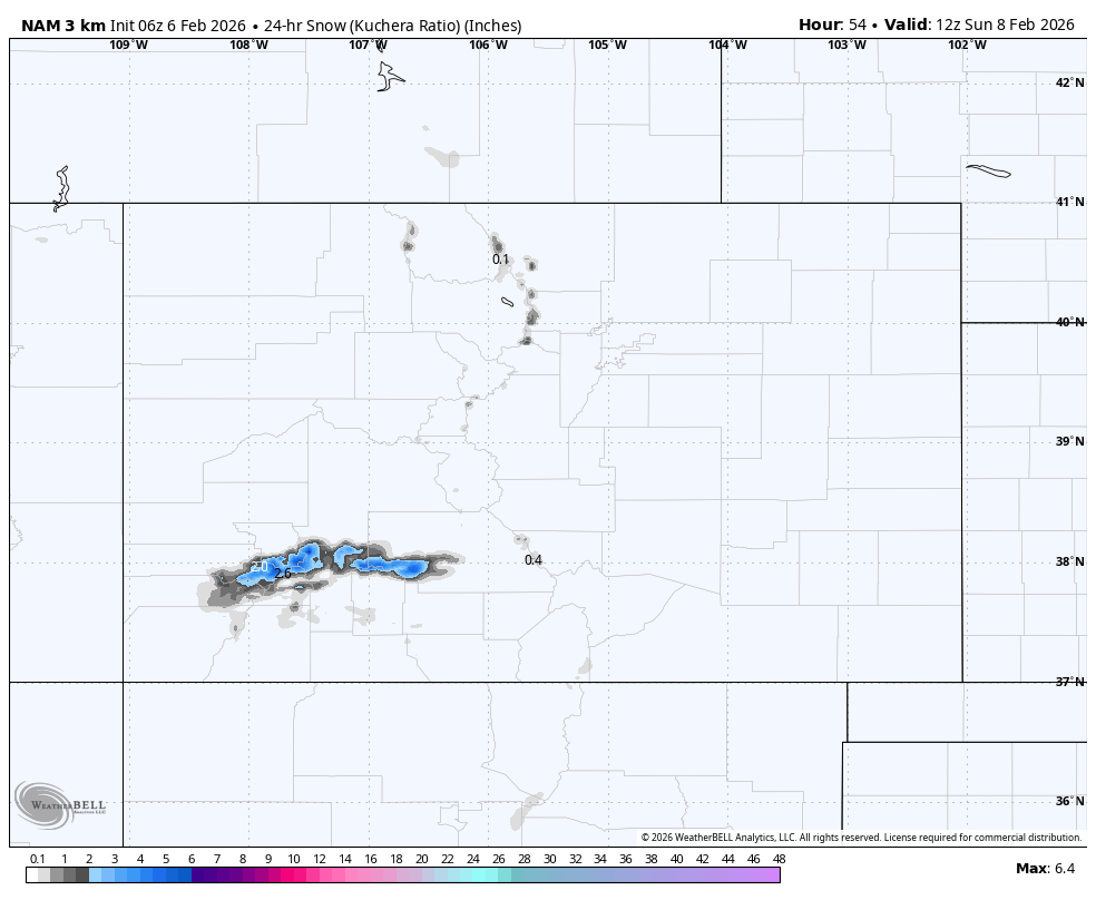 Weather map showing 24-hour snowfall accumulation in inches across parts of the western United States on February 8, 2026. The map highlights a weather system with the highest snowfall of 0.4 inches in southwestern Colorado.