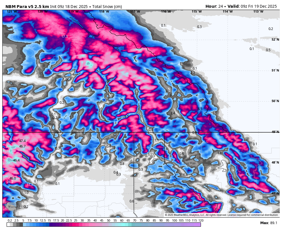 Map showing total snow accumulation in centimeters across the Pacific Northwest, including parts of British Columbia and Washington, as of December 19, 2025. The map highlights areas with significant snow, with some regions showing over 50 centimeters.