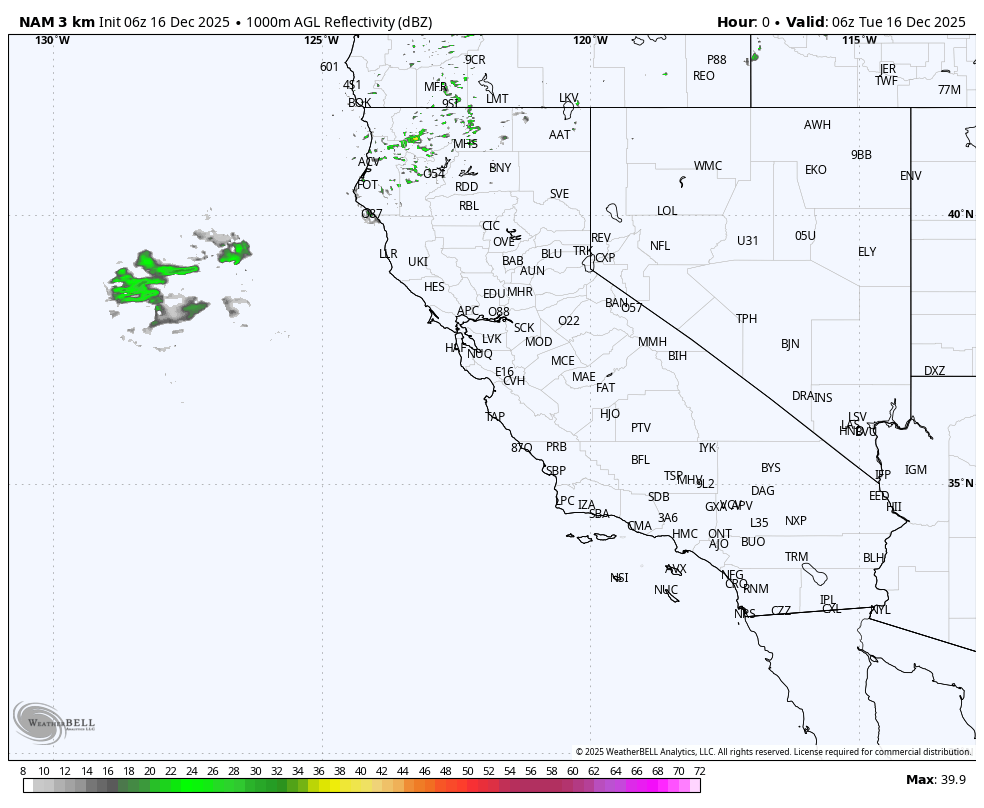 Weather map of California and nearby offshore waters displaying radar reflection data, with a cluster of precipitation southwest of San Francisco, shown in green and gray.