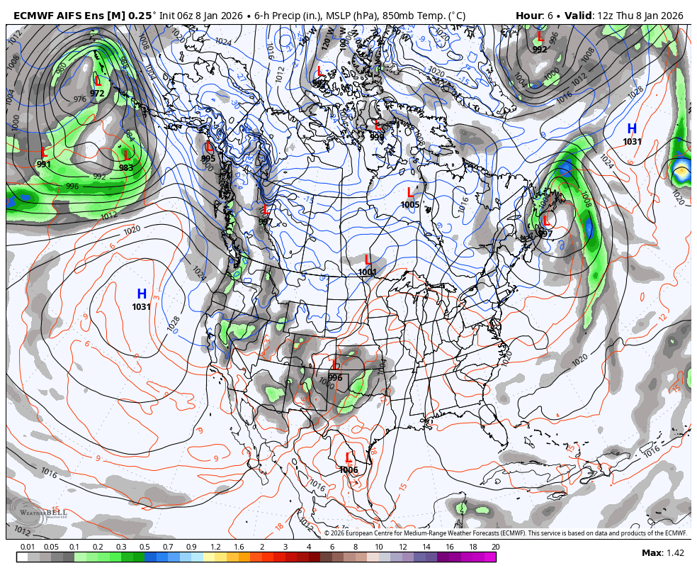 A weather map of North America showing high and low-pressure systems, fronts, and precipitation patterns. A high-pressure system is over the central Atlantic Ocean, a low-pressure system is off the Pacific Northwest, and another low is over the southeastern U.S. with rain and storms. Cold and warm fronts are depicted. Isobars and precipitation are indicated with different colors.