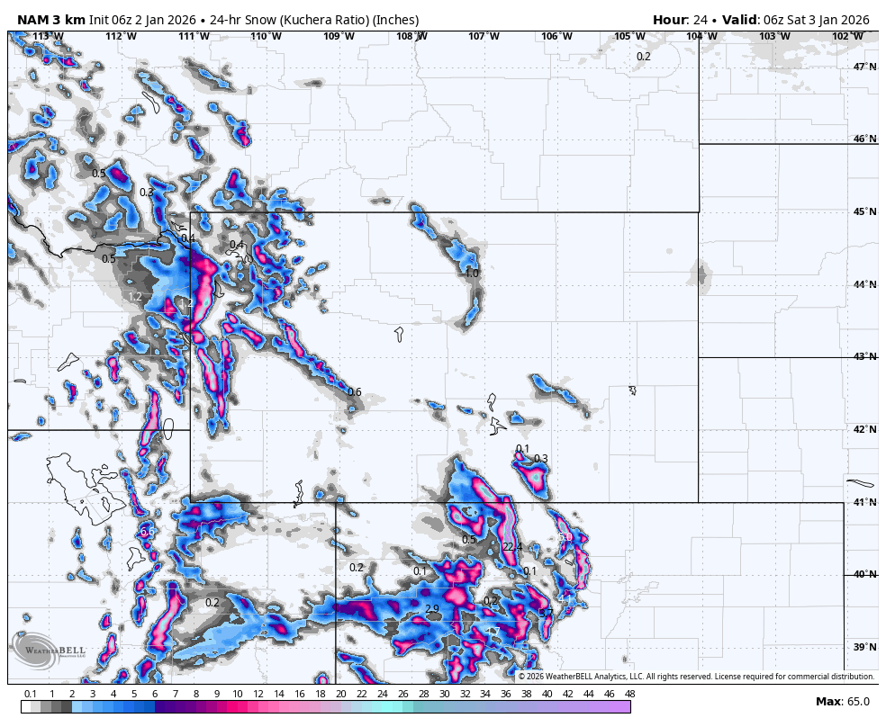Map showing 24-hour snowfall amounts in inches across parts of the southwestern United States and northern Mexico, with the heaviest snowfall in central Arizona.