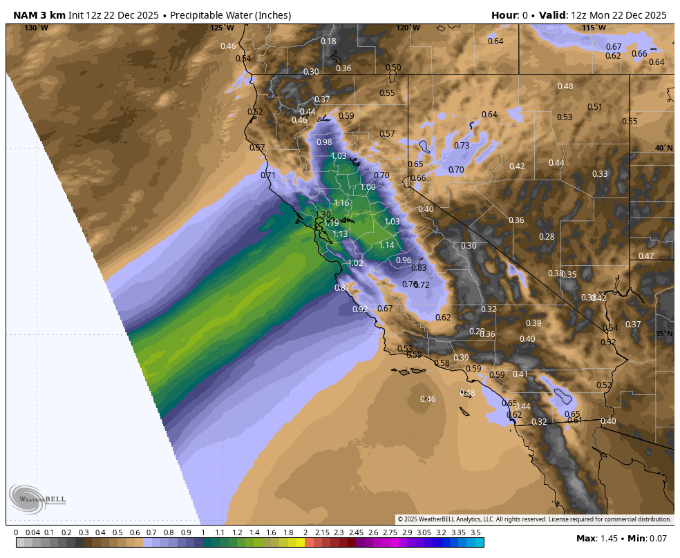 Weather map showing predicted precipitation in California and surrounding areas, with varying levels indicated by colors from blue to green, representing rainfall in inches, valid at 12:00 UTC on December 22, 2025.