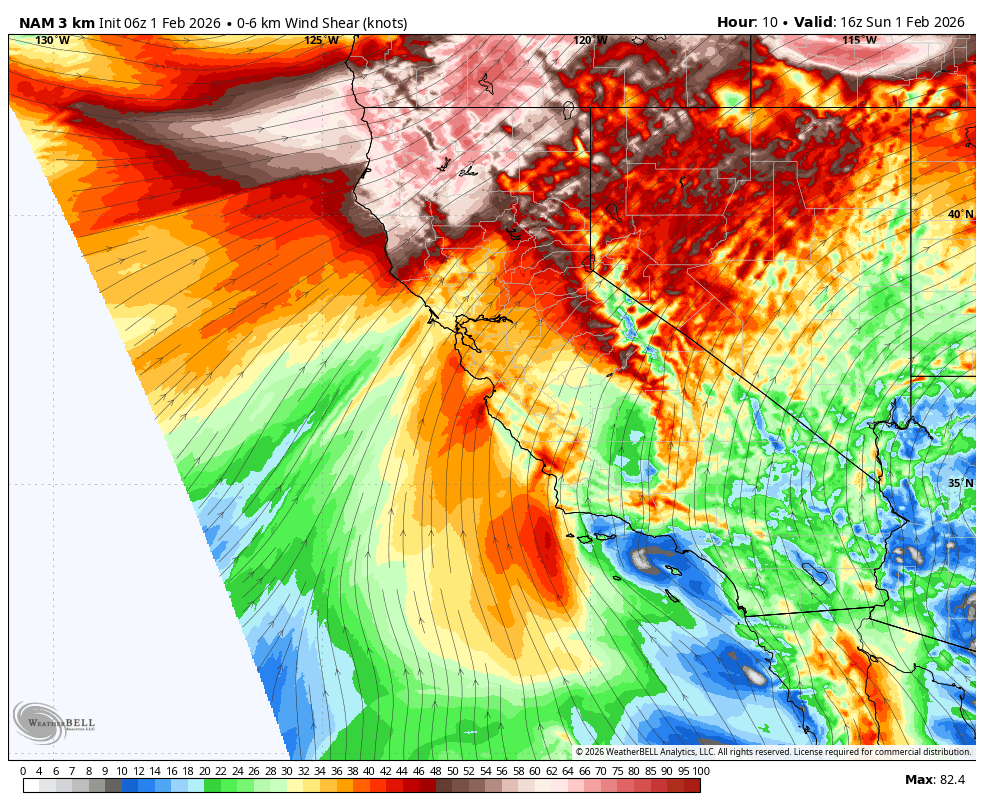 Weather map showing wind shear in knots across California and surrounding areas, with colors indicating intensity, from blue (lower) to red (higher).