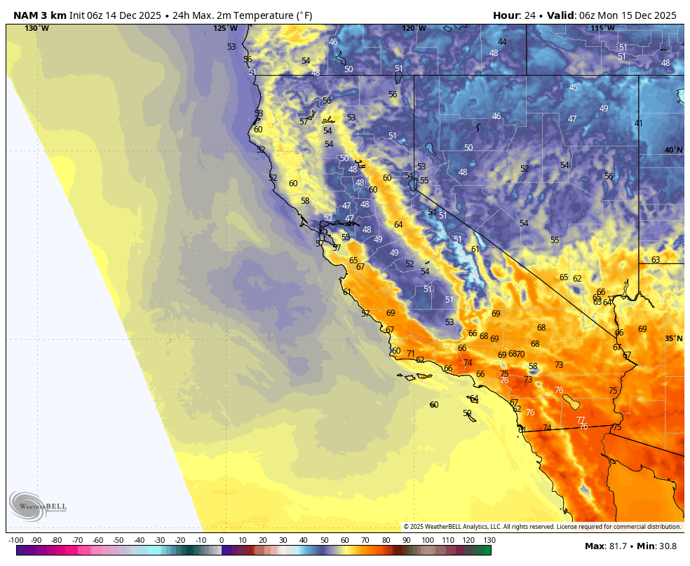 Color-coded map of California and neighboring states showing temperature ranges in Fahrenheit, with warmer colors indicating higher temperatures and cooler colors indicating lower temperatures. The map is from December 15, 2025, at 6:00 AM local time.