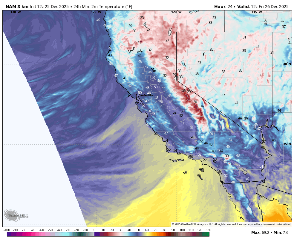 Weather map showing temperatures and weather patterns over California and surrounding states, with temperature readings in Fahrenheit, a color scale indicating temperature variations, and a weather system moving inland from the Pacific Ocean.