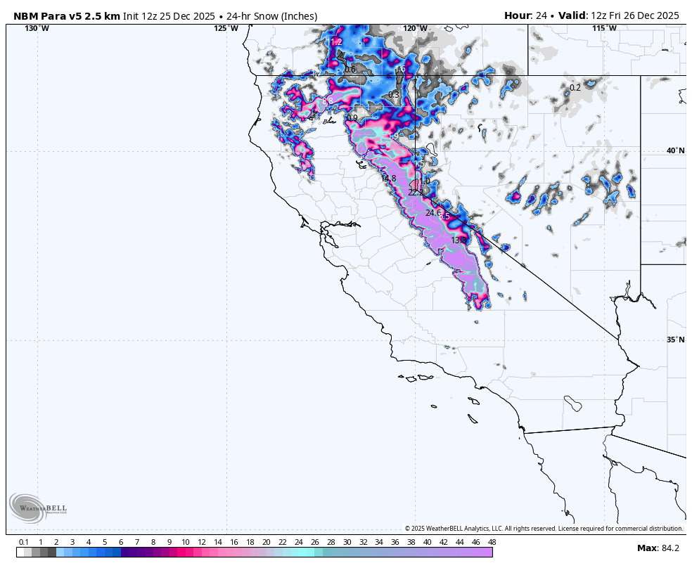A weather map showing a 24-hour snowfall forecast over California, Nevada, and surrounding states, with areas of heavy snow depicted in shades of pink, purple, and blue.