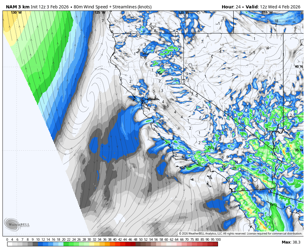 Weather map showing wind streams and wind speeds in knots over California and surrounding areas on February 4, 2026. The map includes color-coded wind speeds, streamlines indicating wind direction, and contour lines.