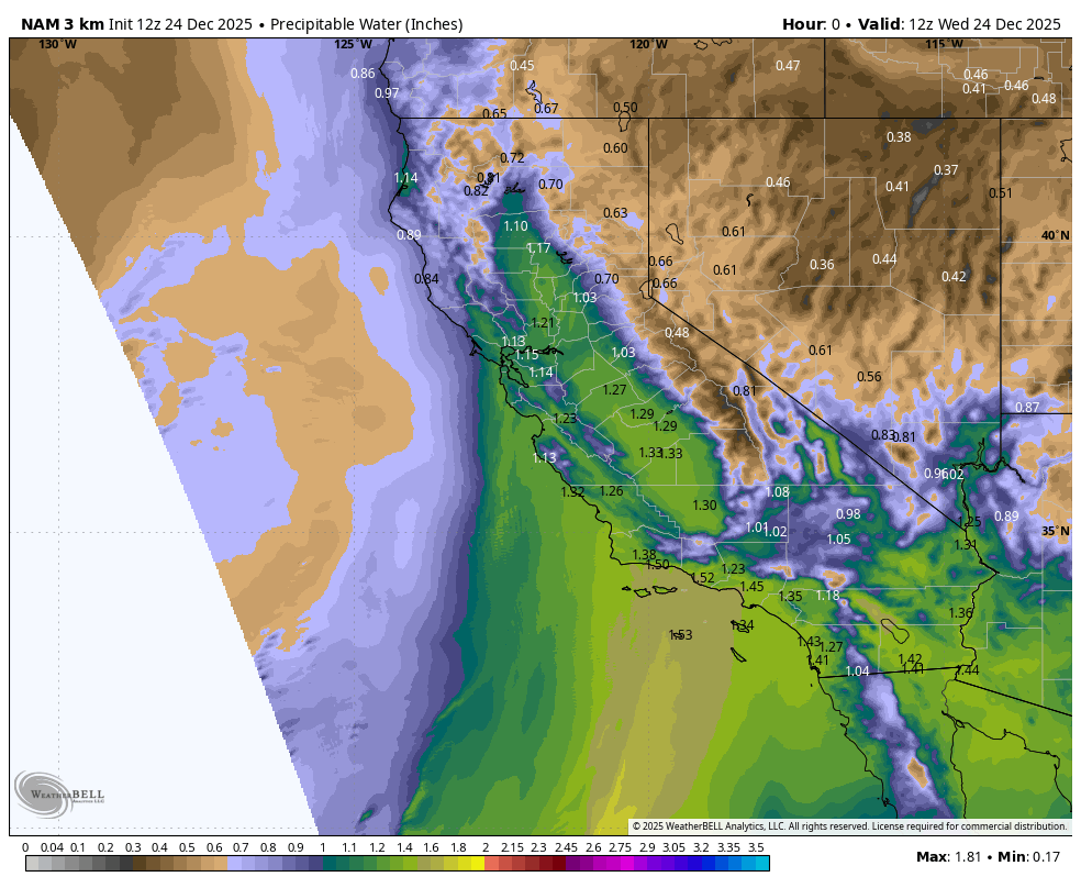 Weather map showing forecasted precipitation water in inches across California, Nevada, and surrounding states, with higher levels in central and northern regions, and lower levels in southern areas. The map includes area labels, state borders, and color-coded precipitation levels.