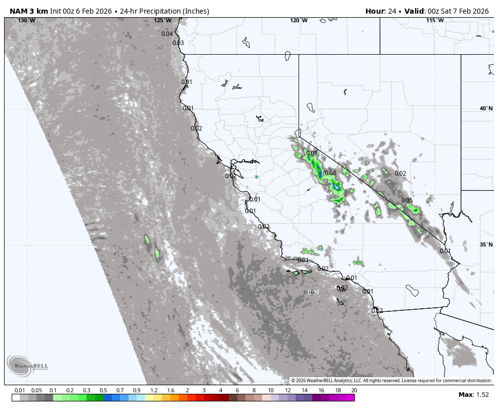 National Weather Service map showing 24-hour precipitation in inches over a region of the western United States on February 7, 2026. The map indicates areas with light to moderate rainfall, mostly along mountainous and coastal regions, with some isolated storms in the inland areas.