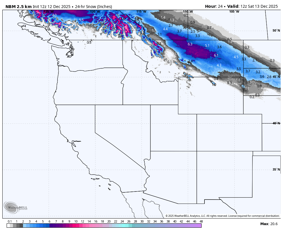 Map showing 24-hour snowfall in inches across the Northwest United States, with the highest snowfall of 20.6 inches in parts of Northern Washington state, valid for December 13, 2025.
