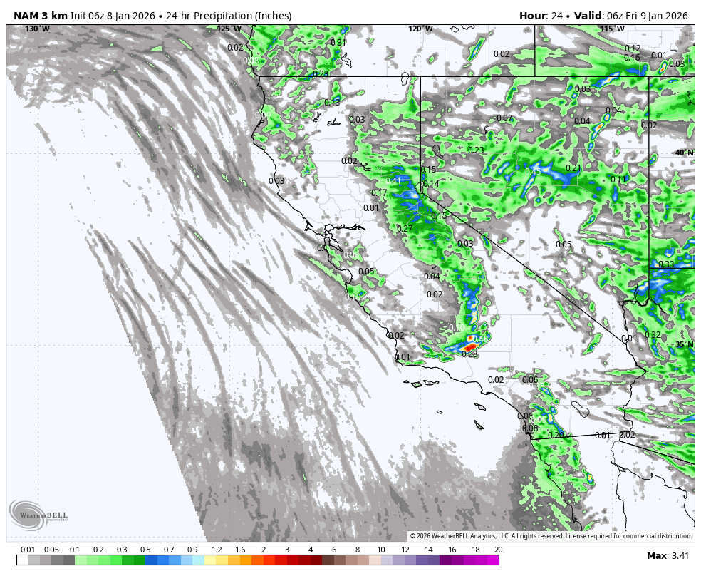 A weather map showing 24-hour forecasted precipitation in inches across California and surrounding areas on January 9, 2026. It displays areas with varying rainfall, including a spot in southern California with about 0.08 inches of rain.