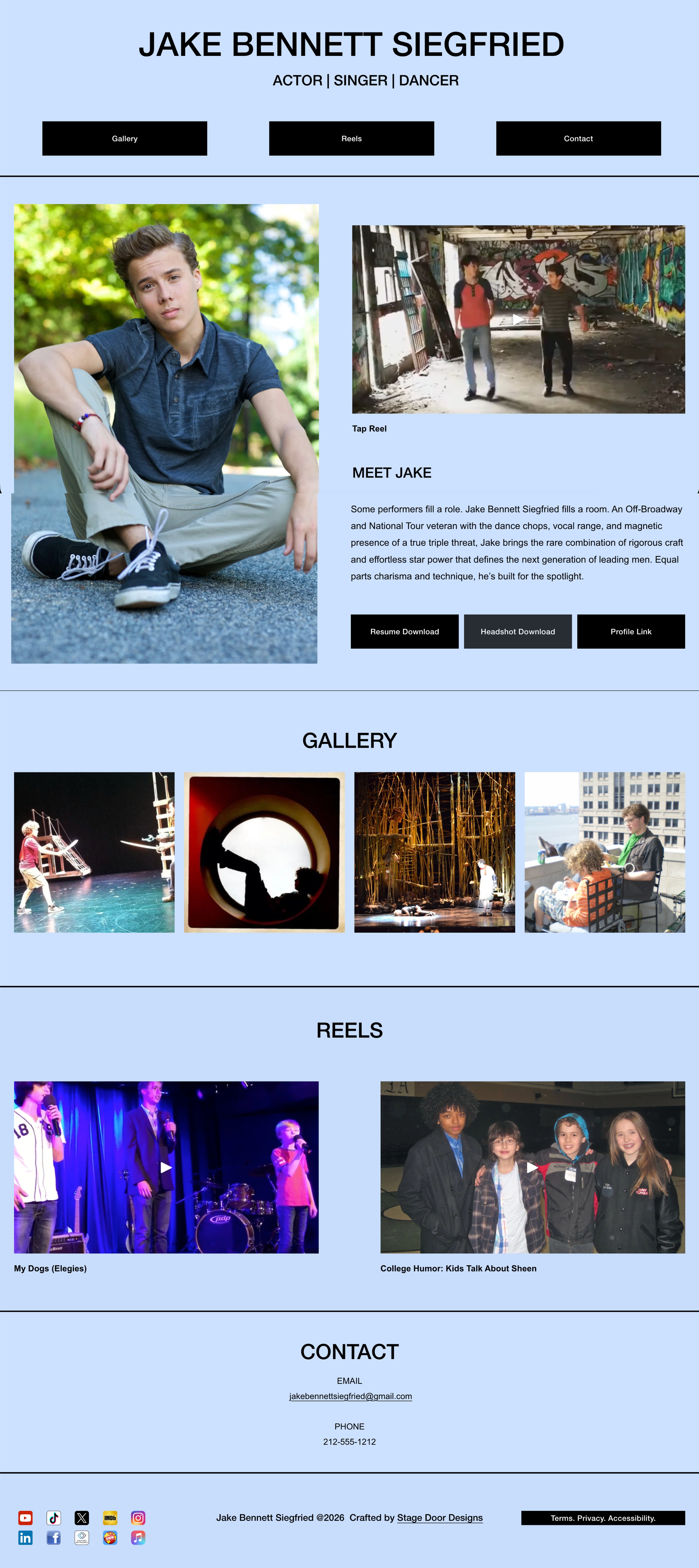A website homepage for Jake Bennett Siegfried, featuring his photo, navigation buttons, a biography, gallery images, reel thumbnails, and contact information with social media icons.