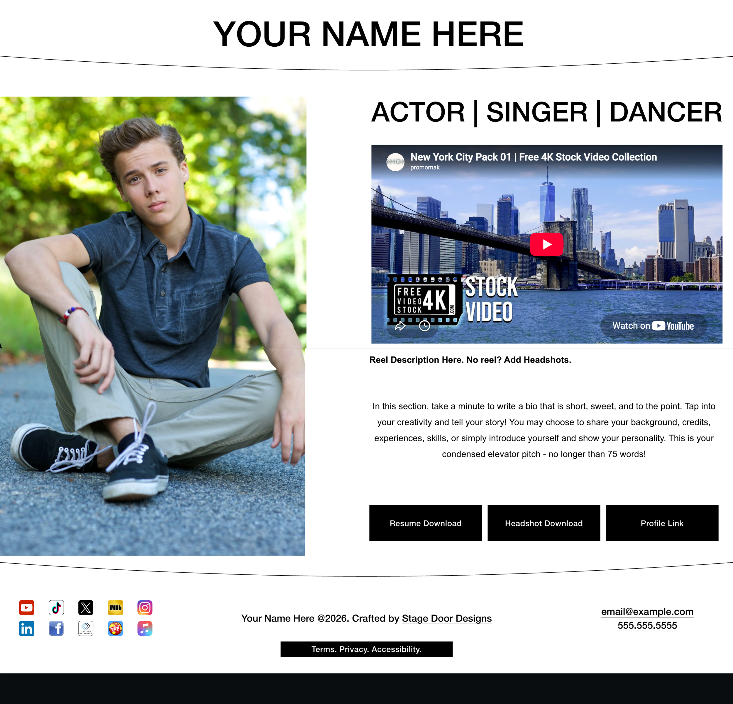 A website template featuring a photo of a young man sitting outdoors with a blurred green and blue background. The website includes placeholders for a name and bio, sections for resume, headshot, and profile links, social media icons, and a footer with terms, privacy, and accessibility links.