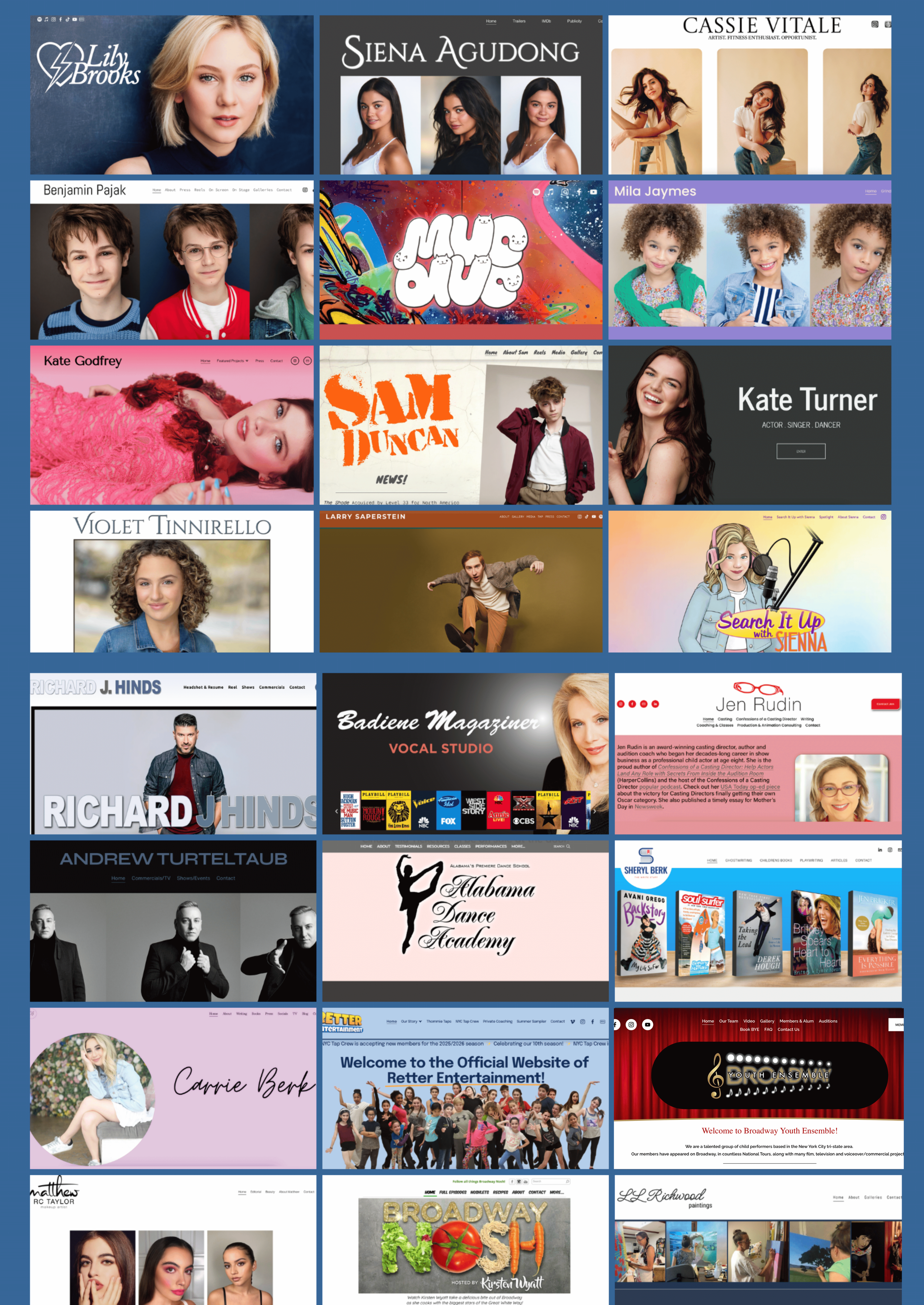 Collage of multiple website screenshots featuring models, singers, actors, dancers, and performers across various professions.