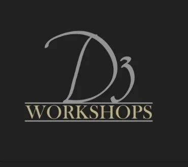 Logo with a stylized letter 'D' and a superscript '3', with the word 'WORKSHOPS' underneath on a black background.