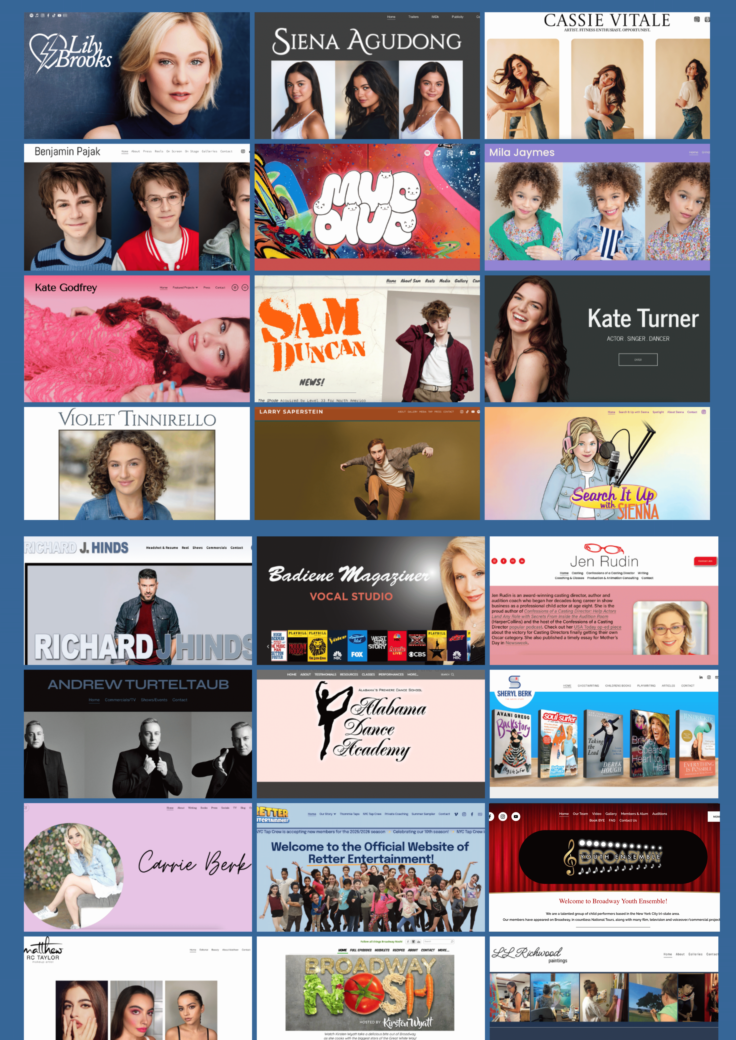 Collage of various promotional images and website screenshots of actors, performers, and entertainment groups.