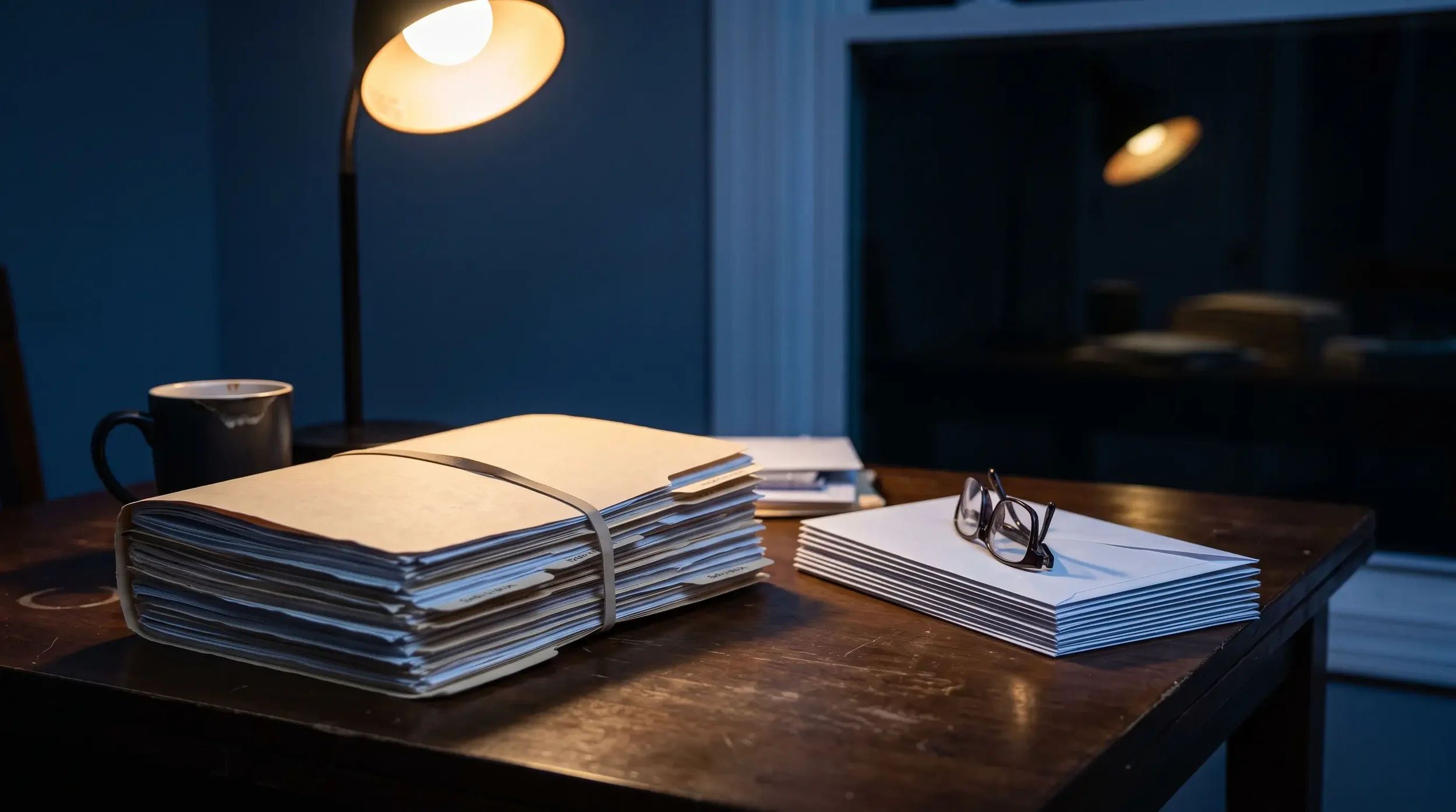 A thick claim file and a stack of envelopes under a desk lamp late at night, the paper trail behind a state insurance complaint