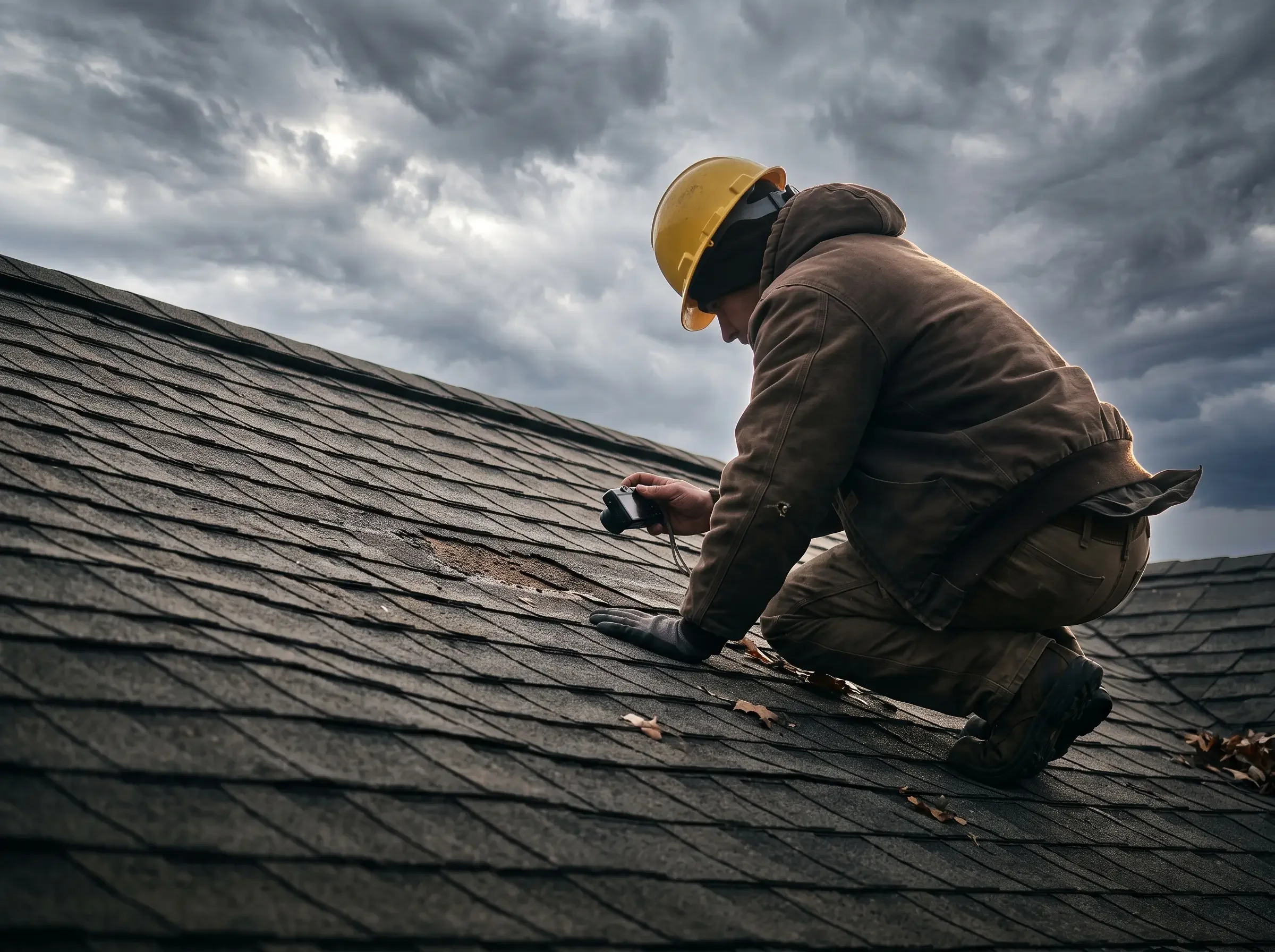 An adjuster crouched on a steep roof slope photographing hail damage against a heavy sky