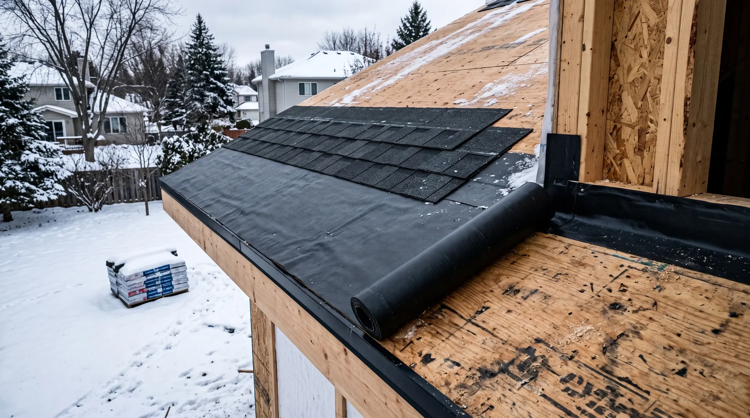 Self-adhering ice barrier membrane installed along a roof eave and extending past the exterior wall line, as Minnesota code requires