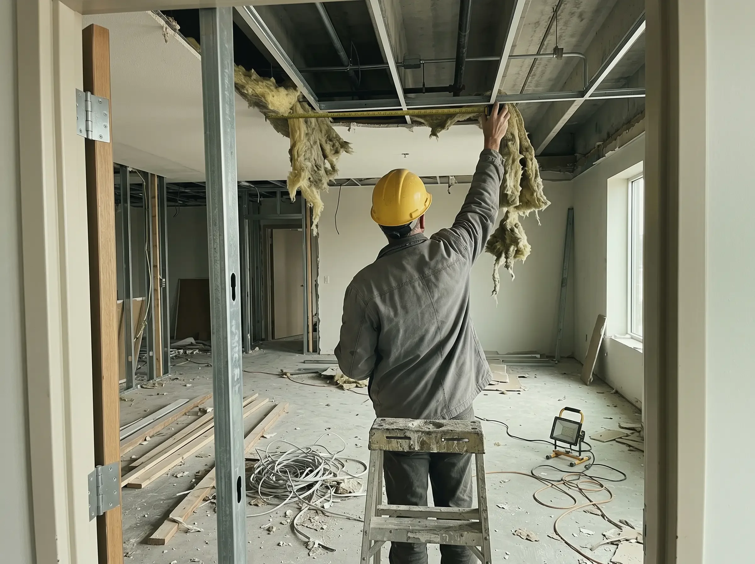 Worker in a hard hat reaching up into an opened ceiling cavity in a stripped commercial interior, measuring the structure that a replacement cost valuation depends on.