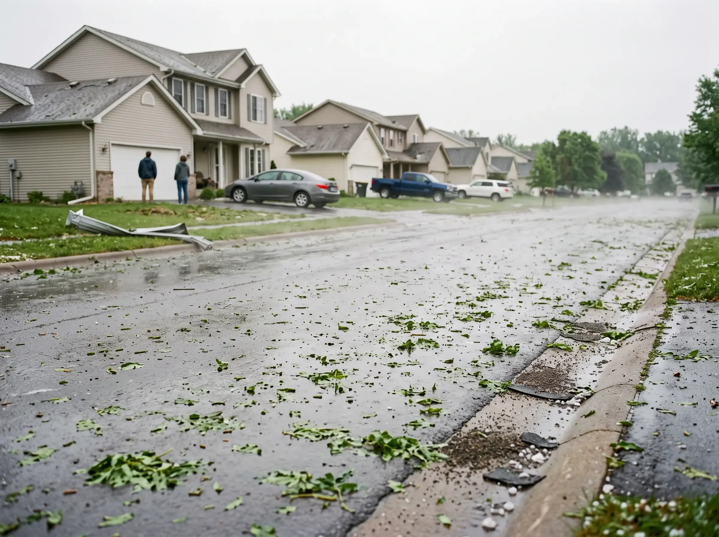 A residential street the morning after a hailstorm, with shredded leaves and shingle debris across lawns and driveways