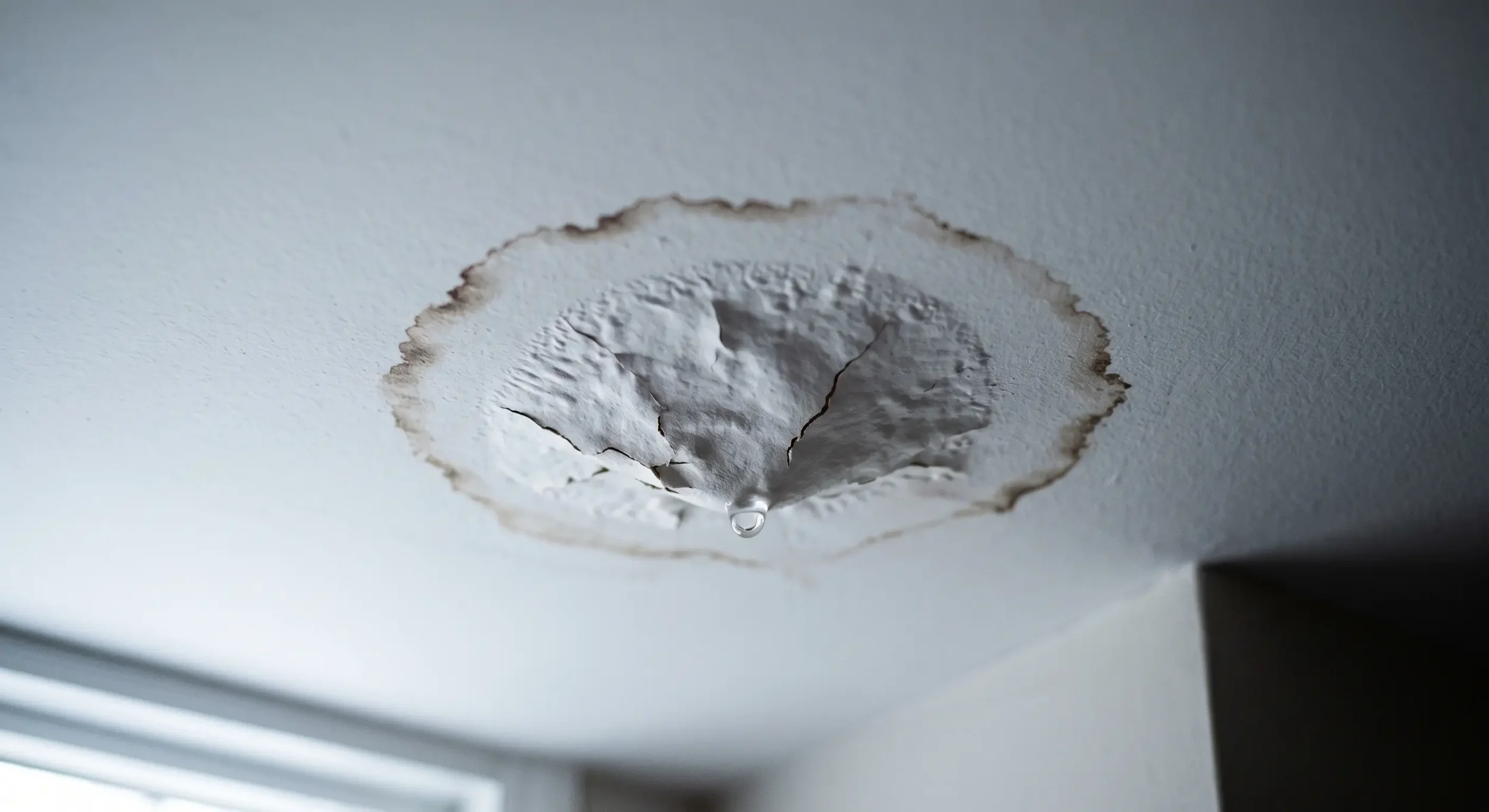 Water stain spreading across a white ceiling below an ice dam, with a single drop about to fall