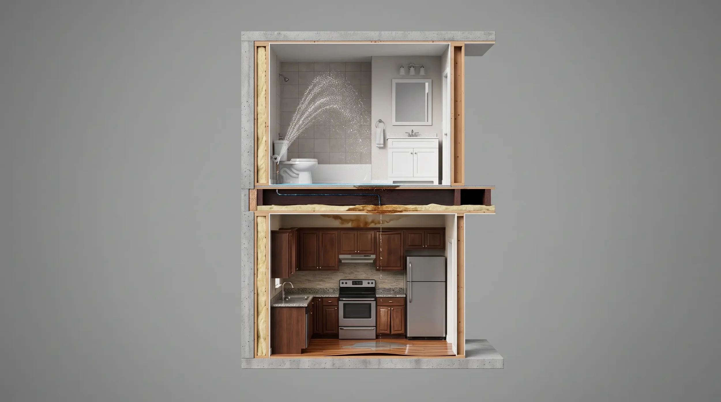 Cutaway of two stacked condo units showing water from a split upstairs supply line soaking the floor, ceiling and kitchen of the unit below