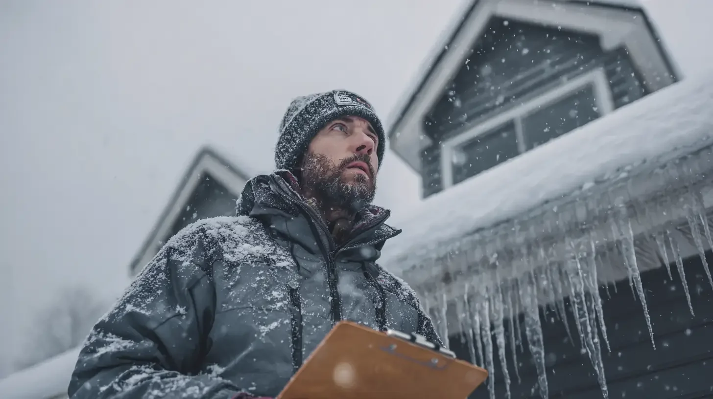 Minnesota public adjuster inspecting ice dam damage on snow-covered Minneapolis home during winter storm, professional assessment for insurance claim
