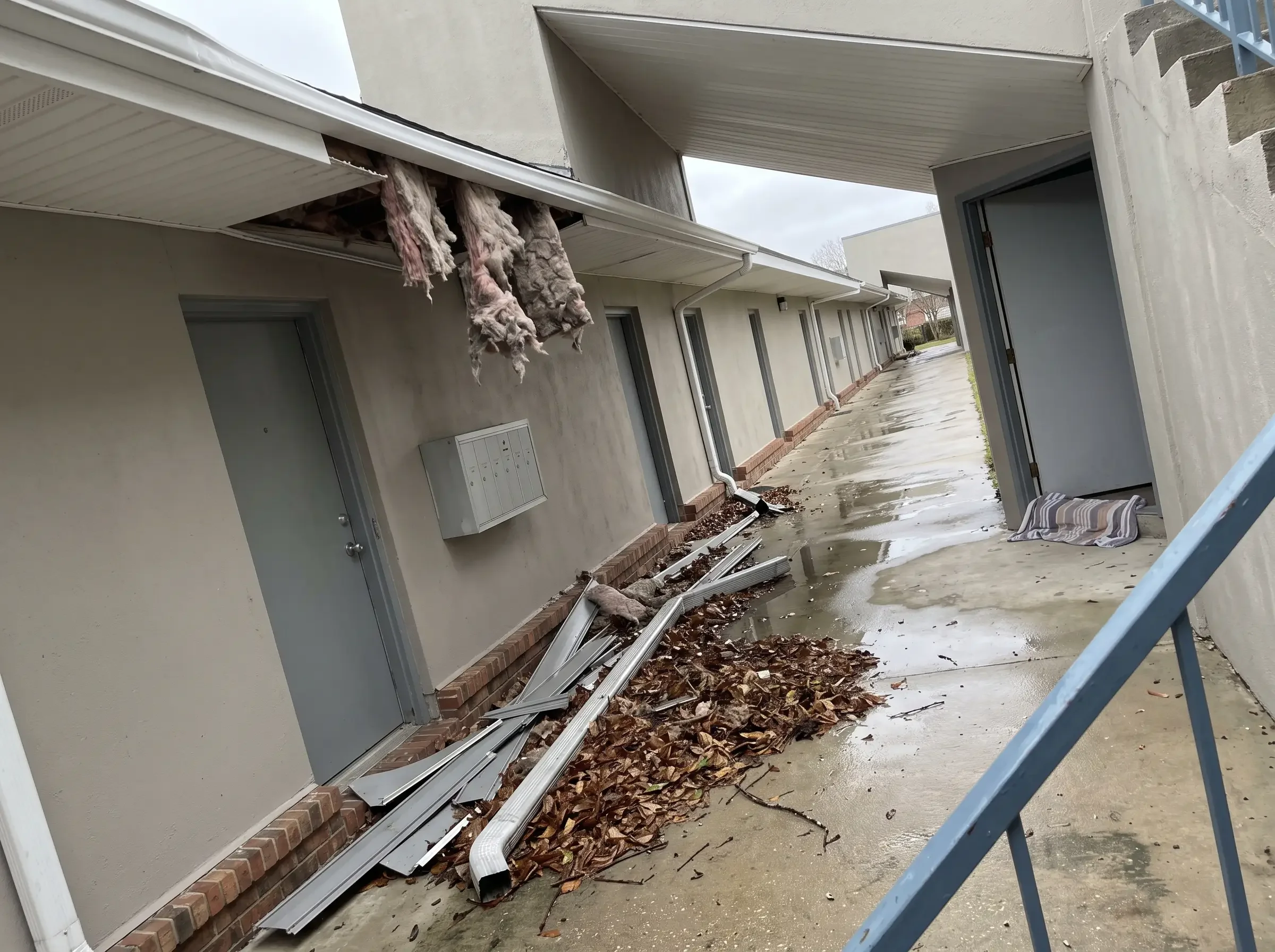 Condo association insurance claim - storm debris and a torn soffit in the open breezeway of a low-rise condominium building