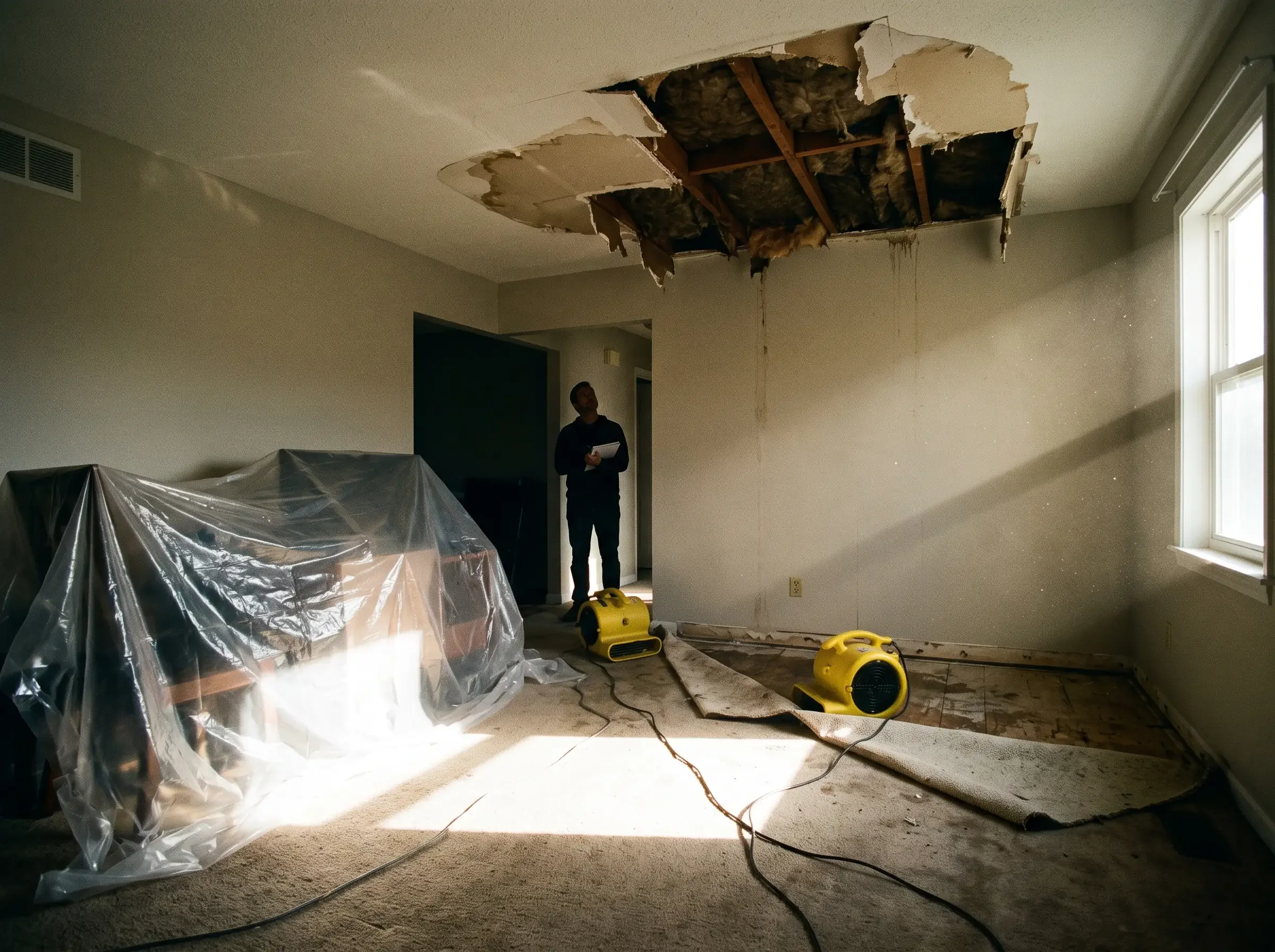 A water-damaged room mid-mitigation, with drying equipment running and a section of ceiling opened up