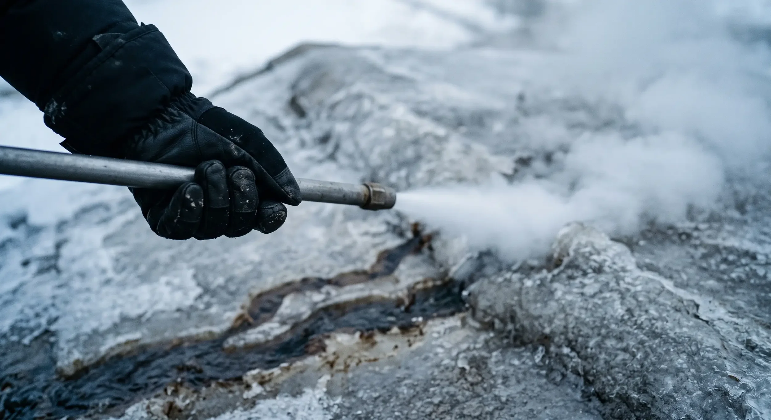 A gloved hand steaming ice off a roof edge, the mitigation work that can belong to the insurance claim