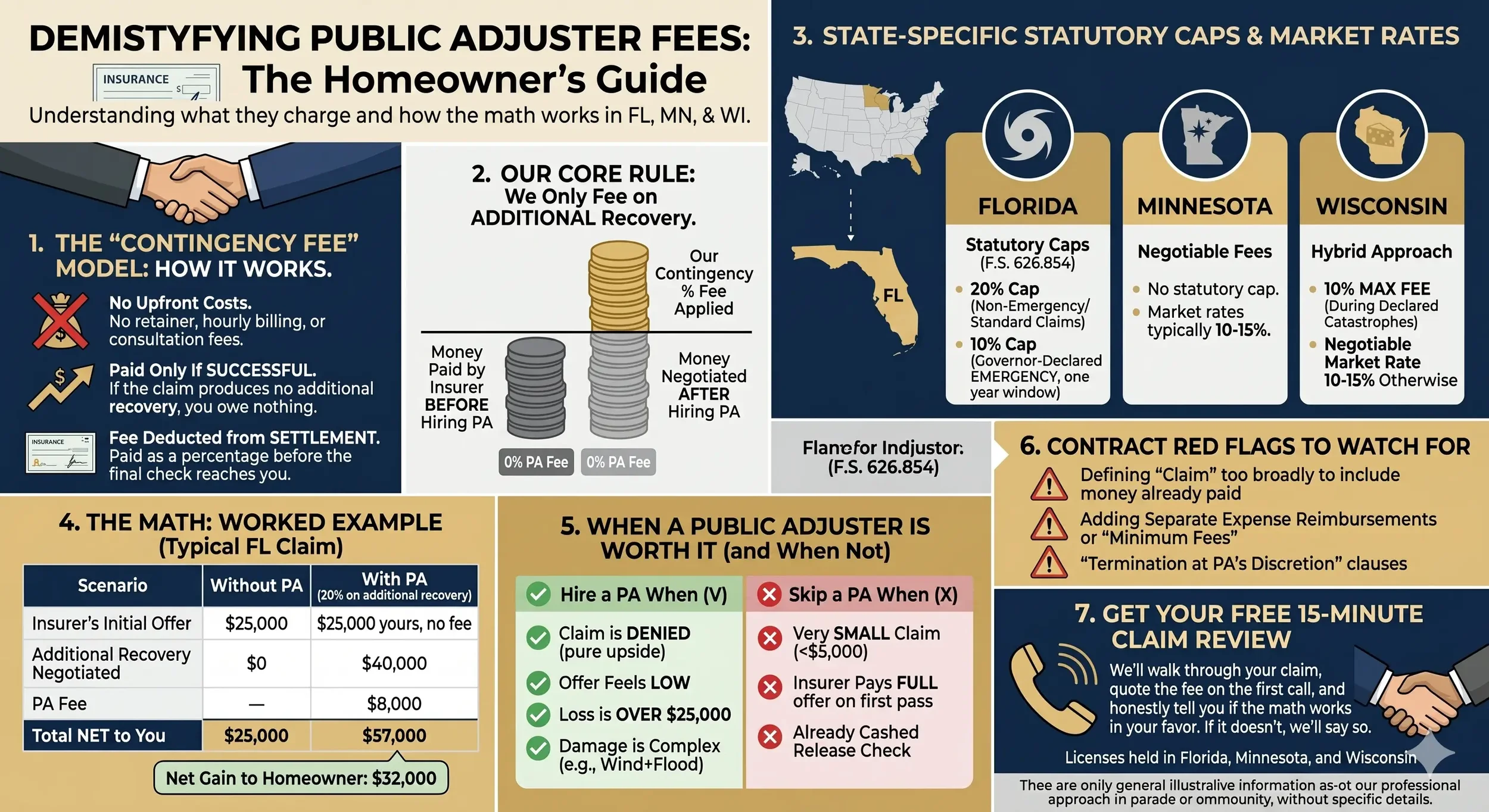 Public adjuster fee cap comparison chart across Florida, Minnesota, and Wisconsin