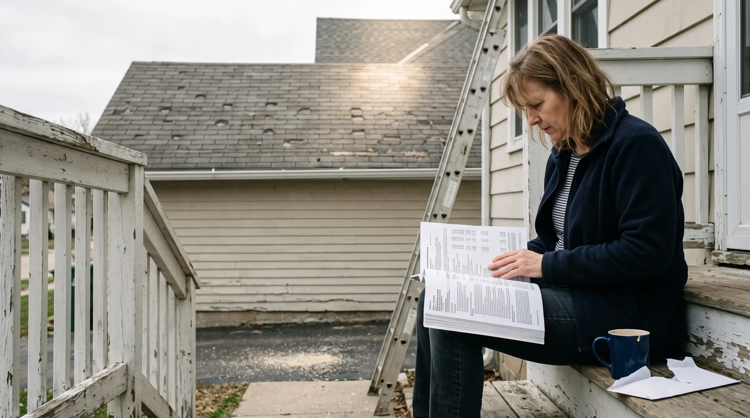 A homeowner on a porch step reads an insurance estimate while a storm-damaged asphalt roof and a roofer's ladder sit behind her, the gap a recoverable depreciation holdback creates