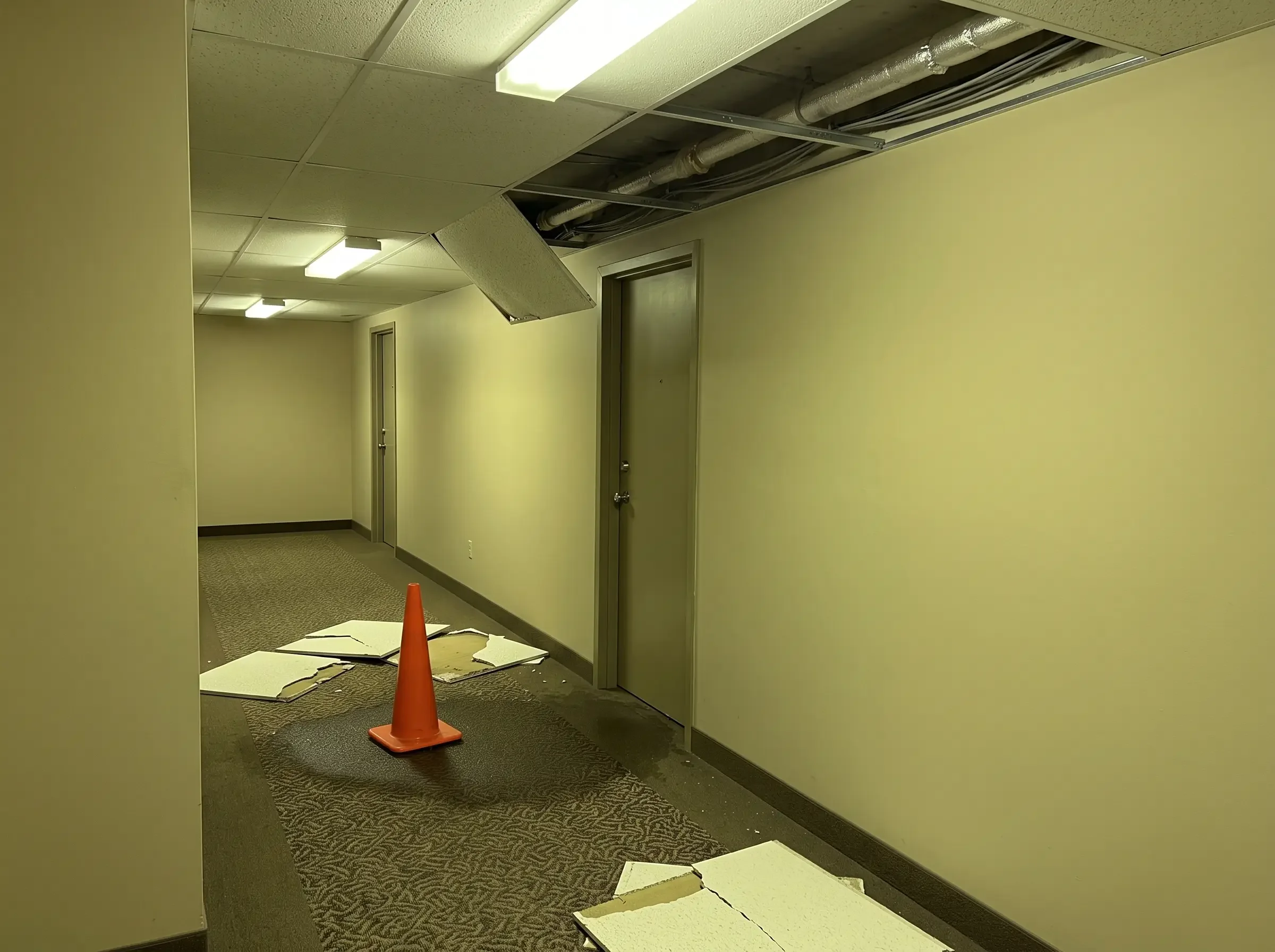 A condominium corridor after water intrusion, with ceiling tiles down and a wet carpet runner