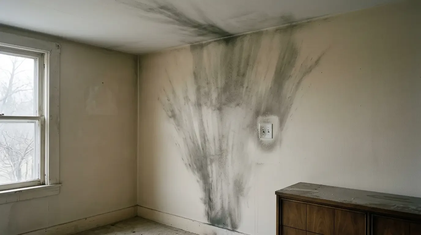 Soot residue staining a wall and ceiling during a smoke damage insurance claim inspection